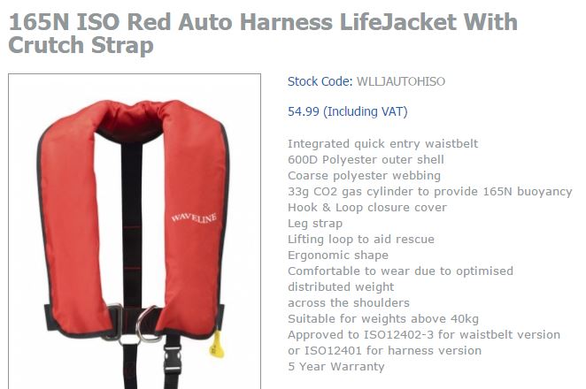 Entry level ISO 150Newton Inflatable lifejacket, automatic with harness and crotch strap 